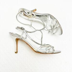 Badgley Mischka Silver Open Toe Strappy Sandal Leather Sole Size 10